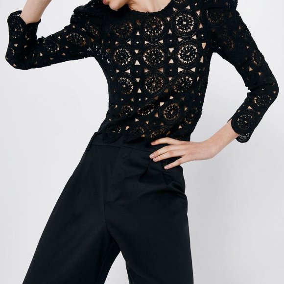 ZARA Crochet Textured weave top with voluminous/puff sleeves - Picture 1 of 9